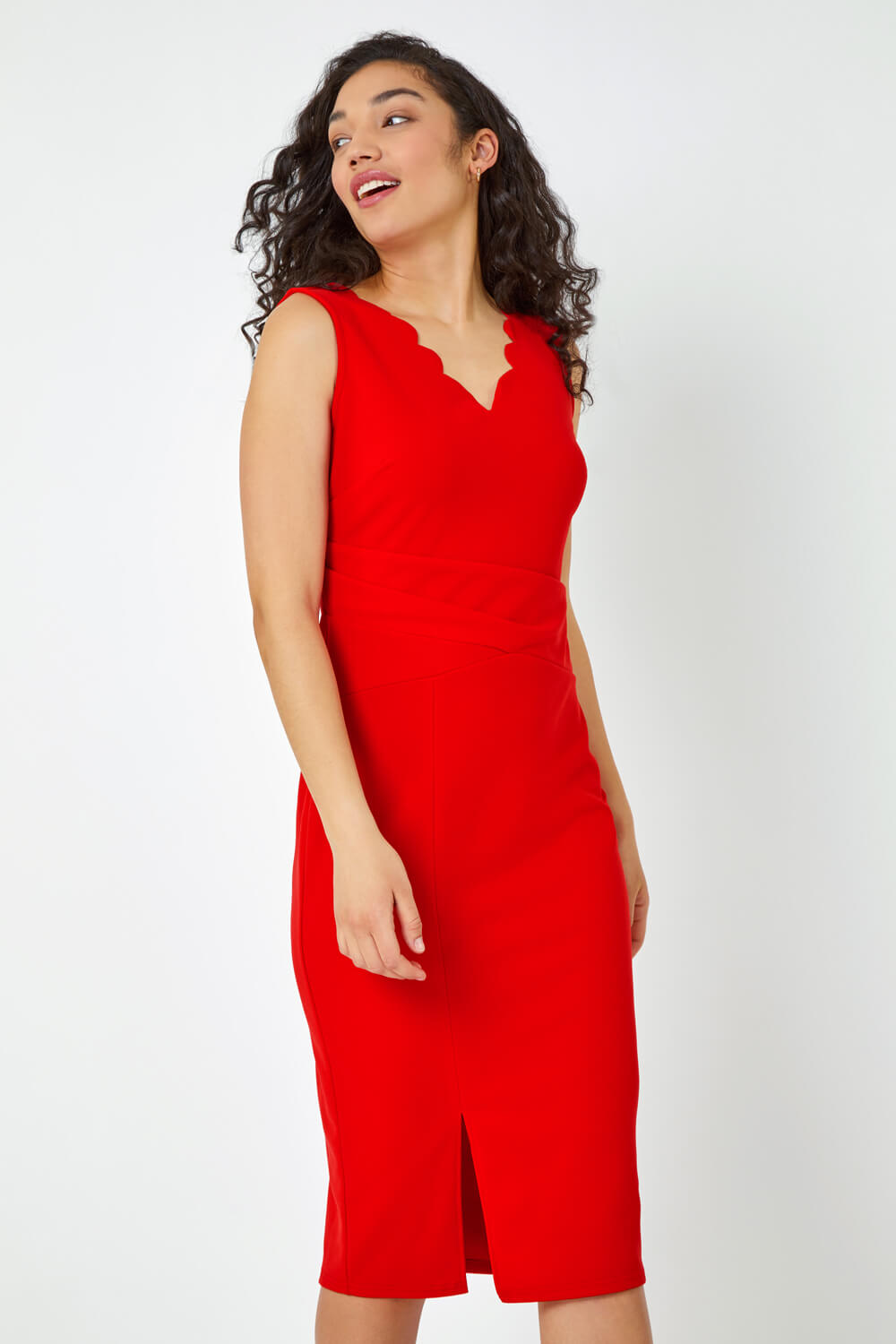 Red Scallop Detail Midi Stretch Dress, Image 2 of 5