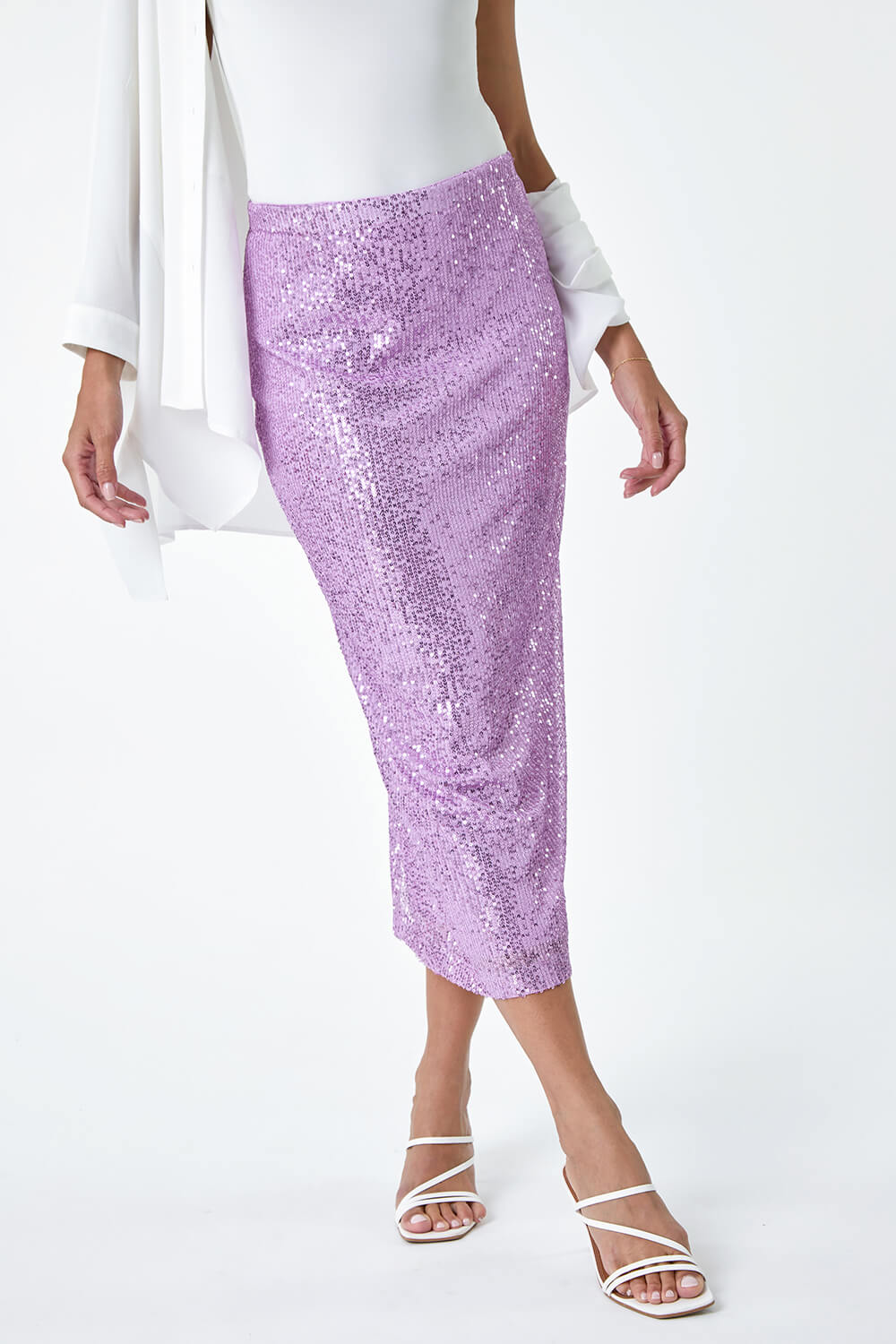 Lilac Sequin Sparkle Stretch Midi Skirt, Image 4 of 5