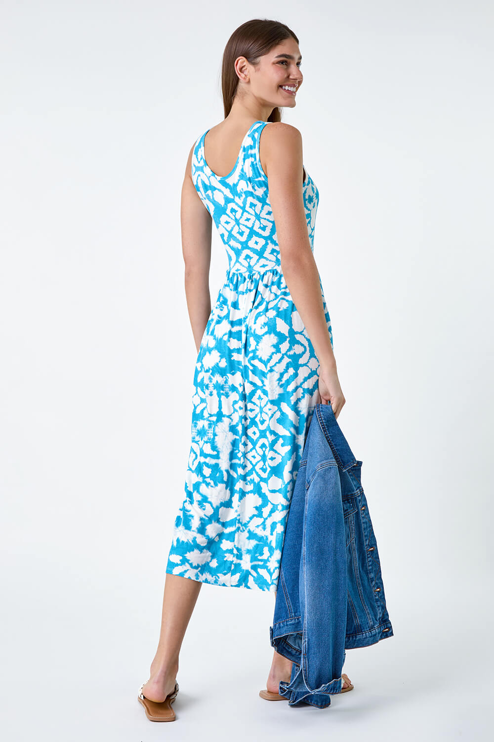 Turquoise Batik Print Stretch Jersey Pocket Dress, Image 3 of 5