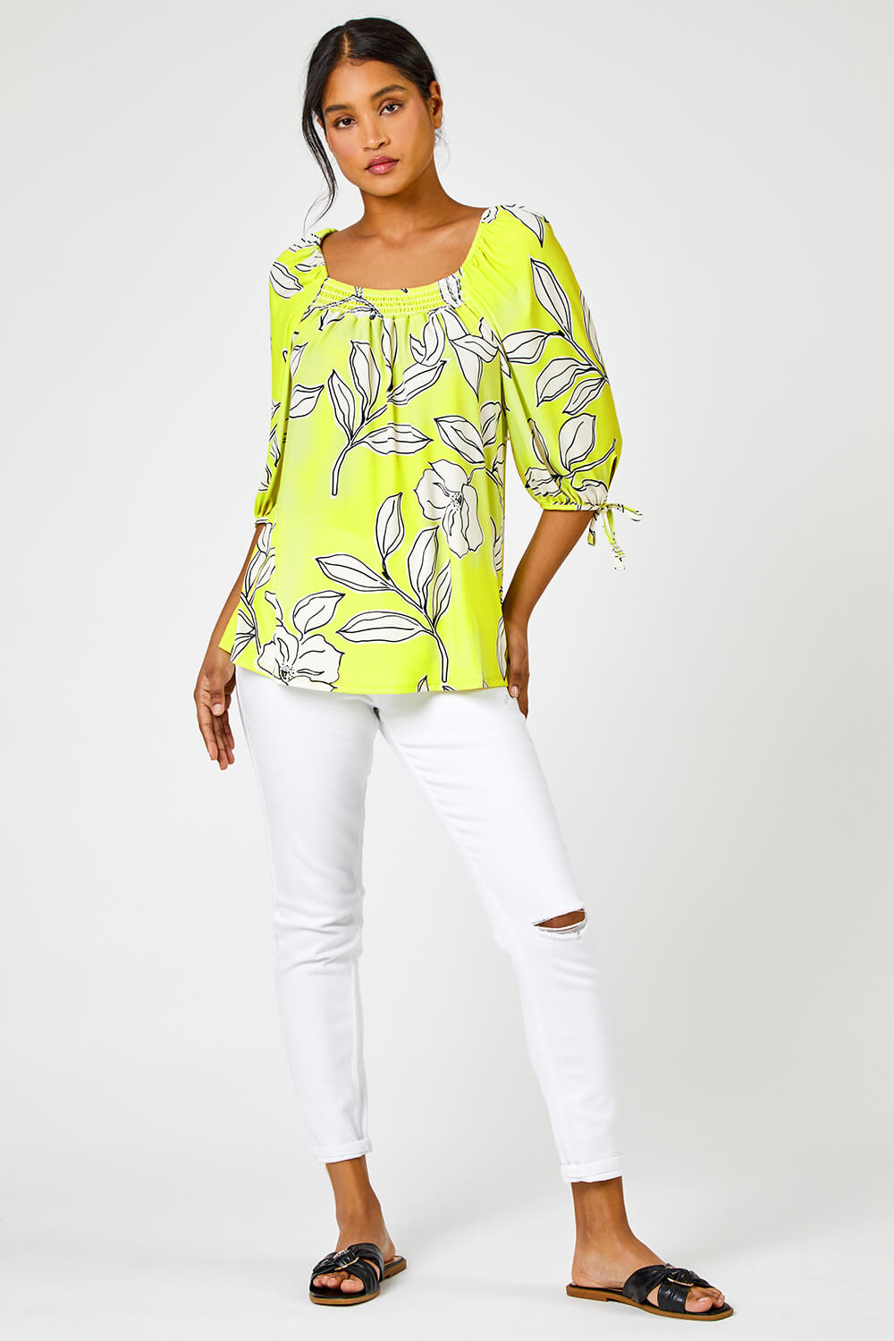 Lime Linear Floral Print Square Neck Top, Image 3 of 5