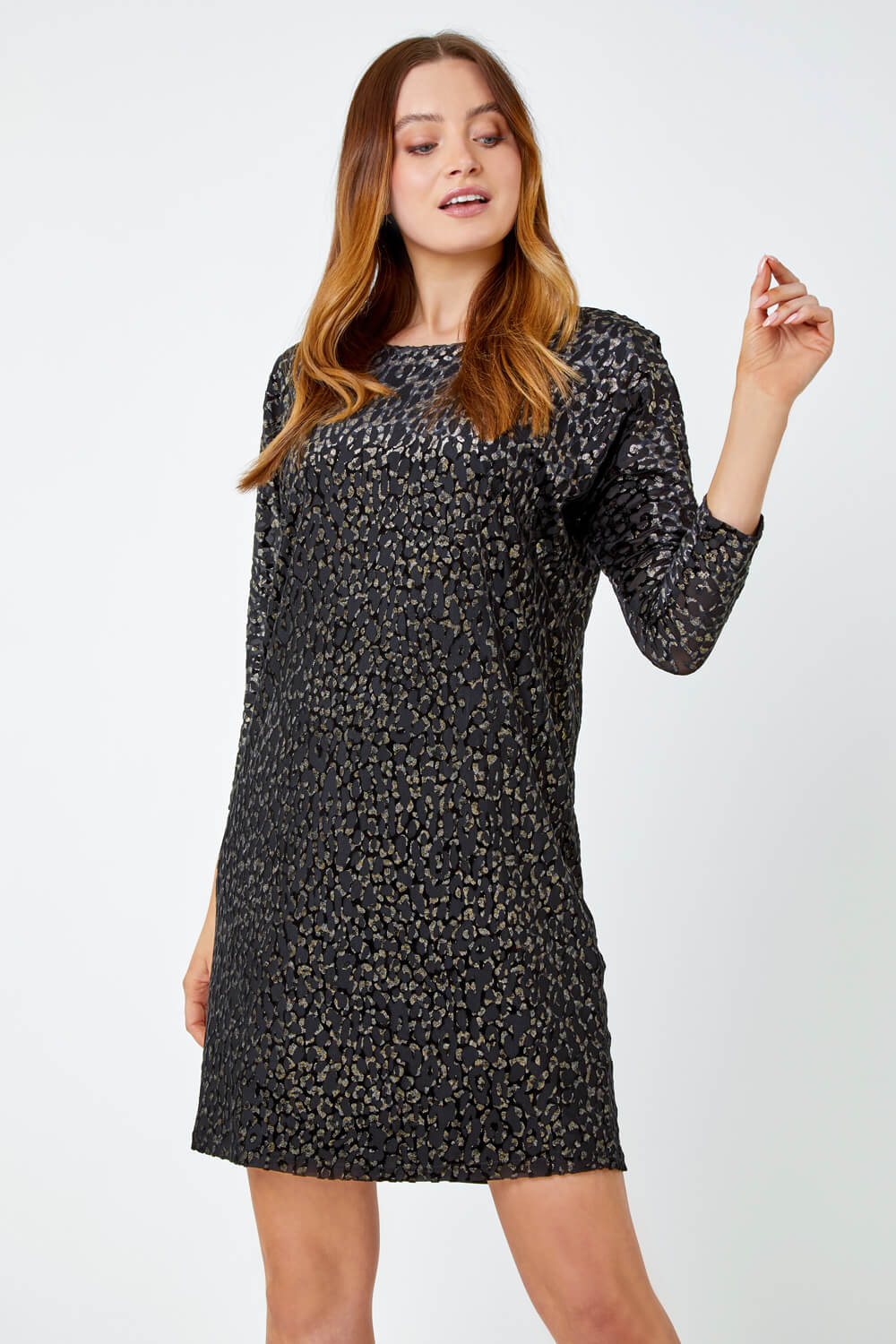 Black Shimmer Leopard Print Velvet Dress, Image 4 of 5