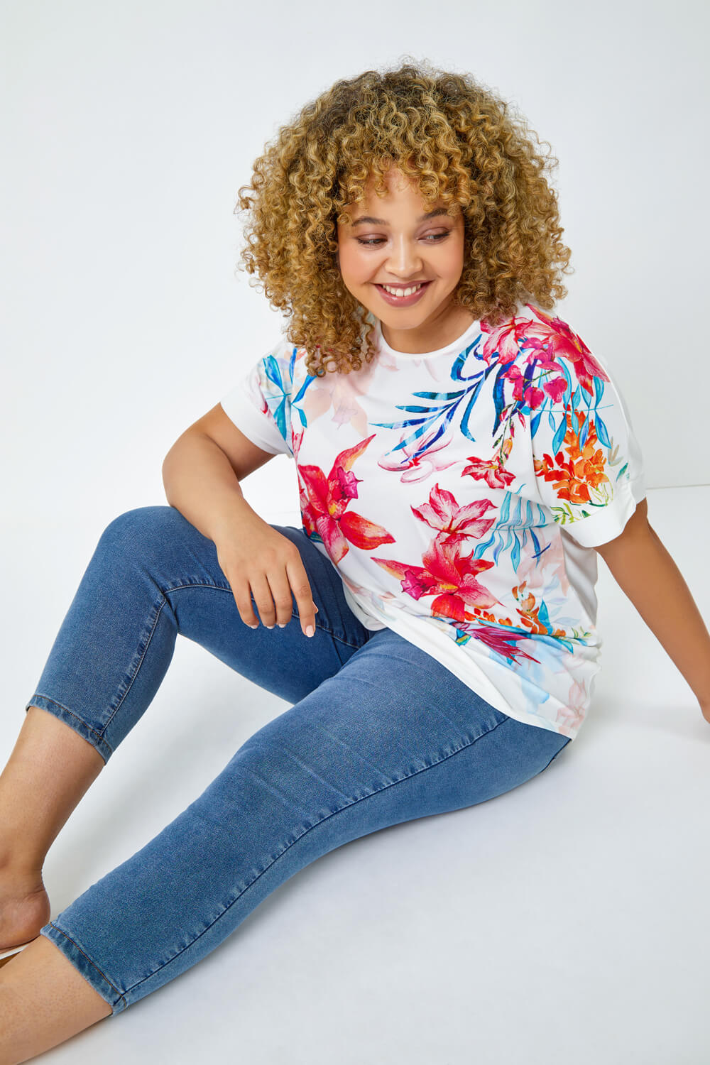 Ivory  Curve Floral Print T-Shirt, Image 4 of 5