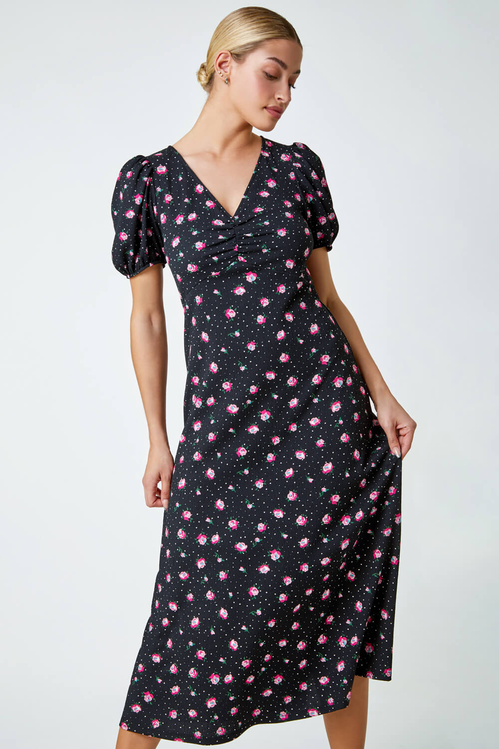 Black Ditsy Floral Print Lace Back Midi Dress | Roman UK