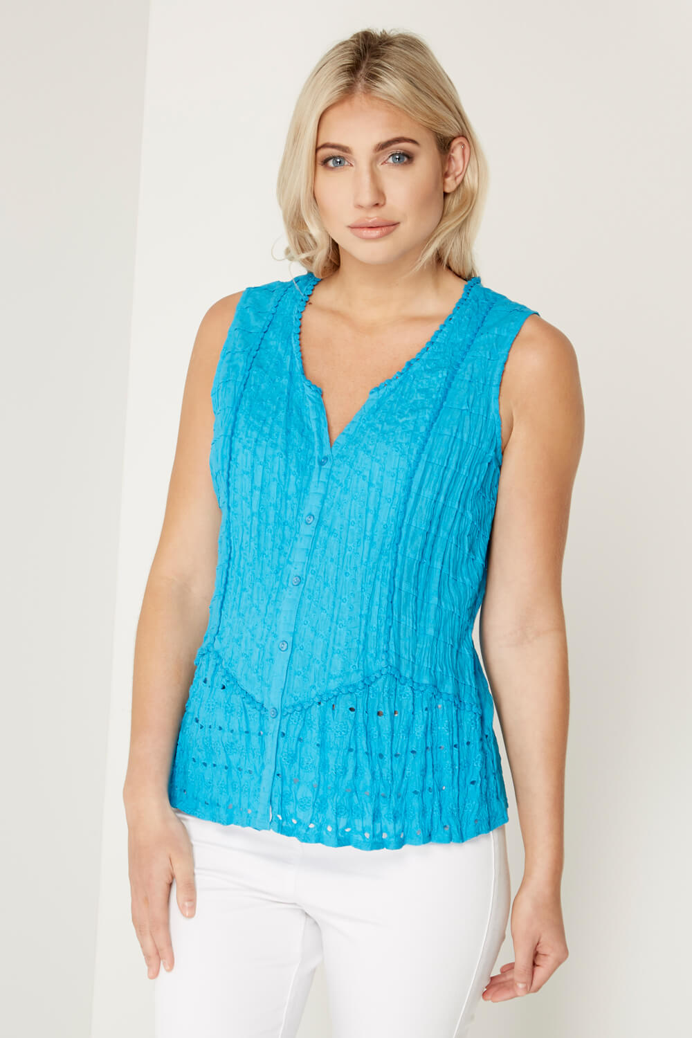 Embroidered Crinkle Blouse In Turquoise Roman Originals Uk