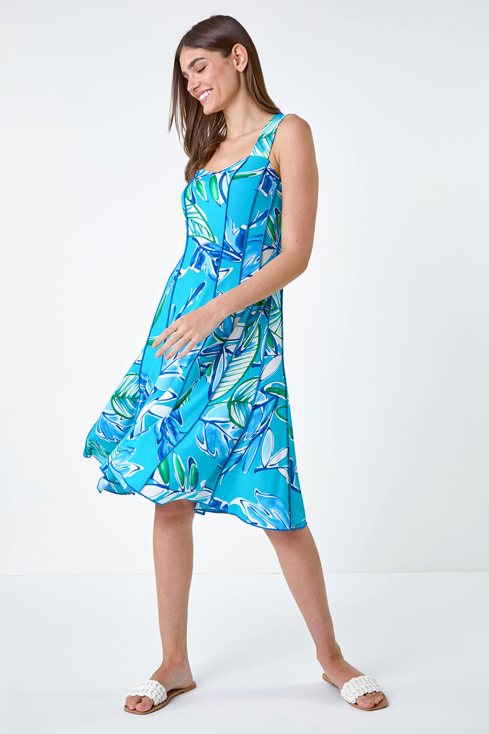 Aqua Leaf Print Stretch Panel Dress, Image 2 of 5