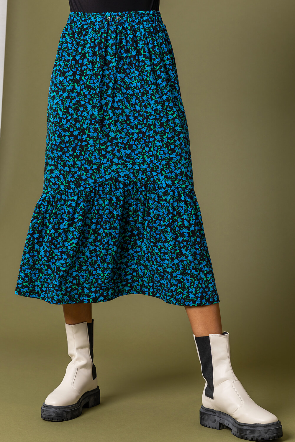 Blue Floral Curved Hem Midi Skirt | Roman UK