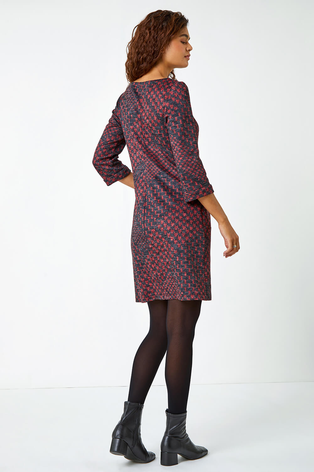 Red Abstract Check Print Shift Stretch Dress, Image 3 of 5