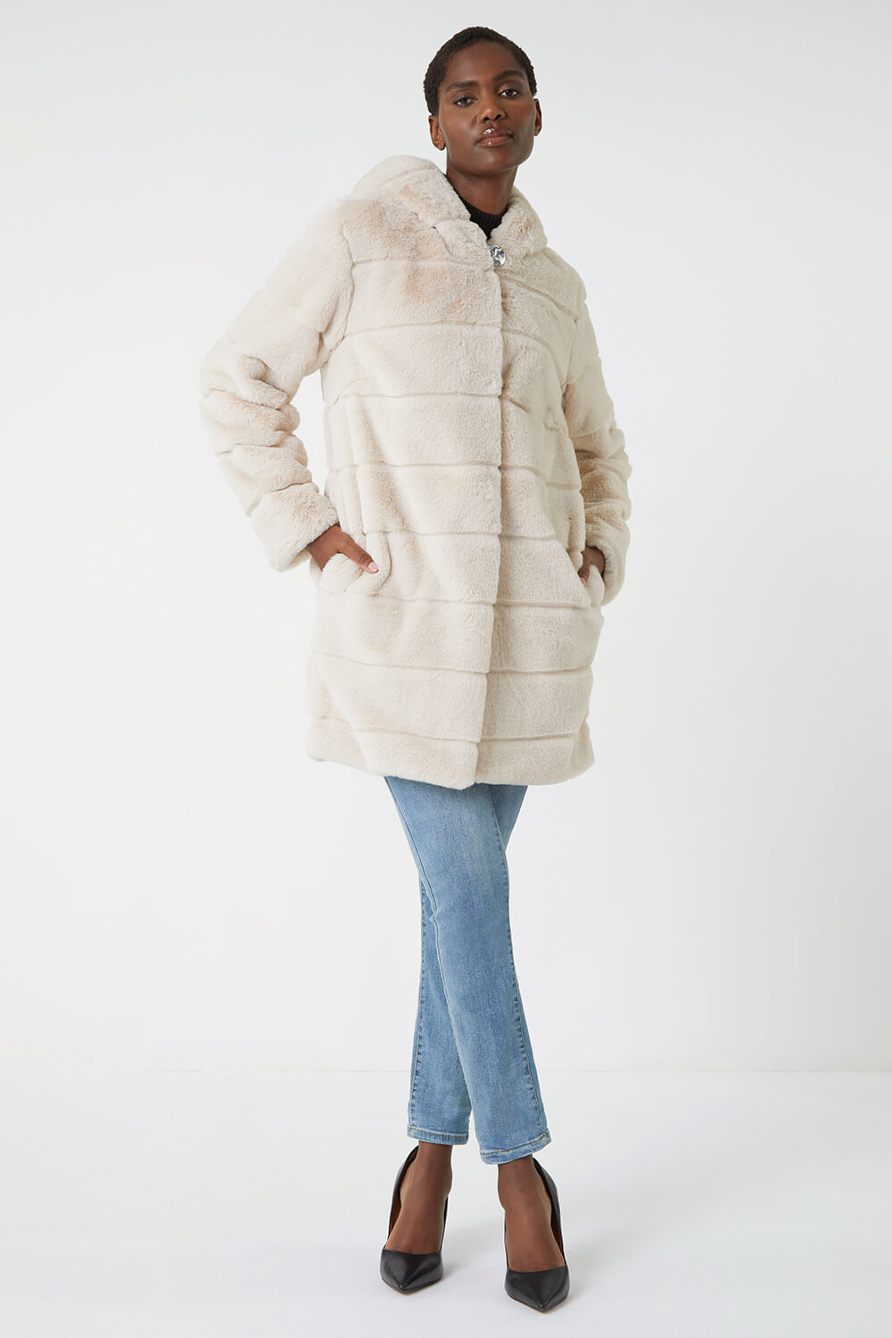 Natural  Faux Fur Hooded Longline Coat, Image 2 of 5