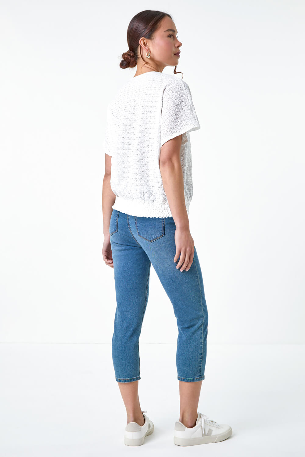 White Petite Textured Shirred Stretch Top, Image 2 of 3
