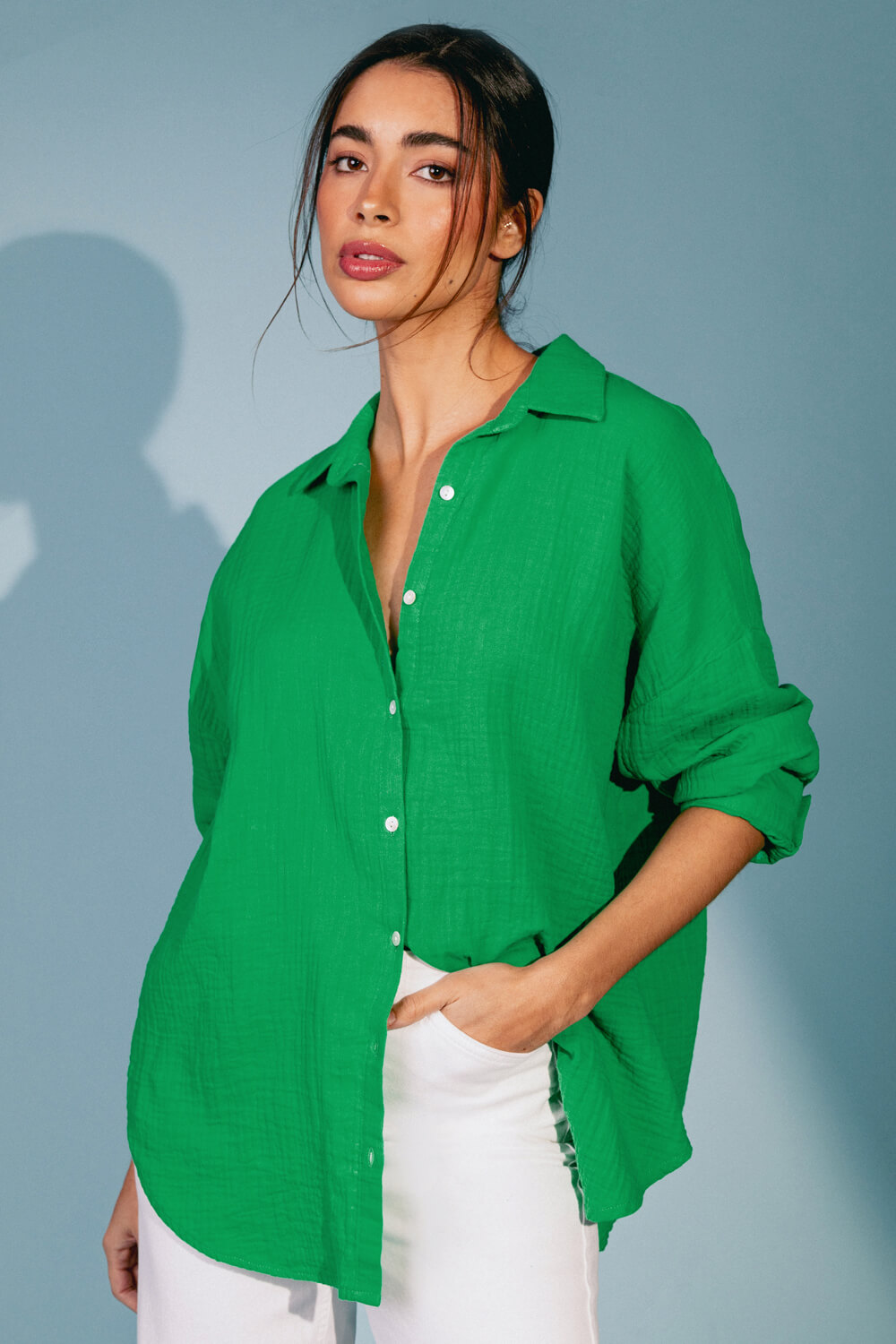 Green Cotton Textured Button Shirt, Image 3 of 6