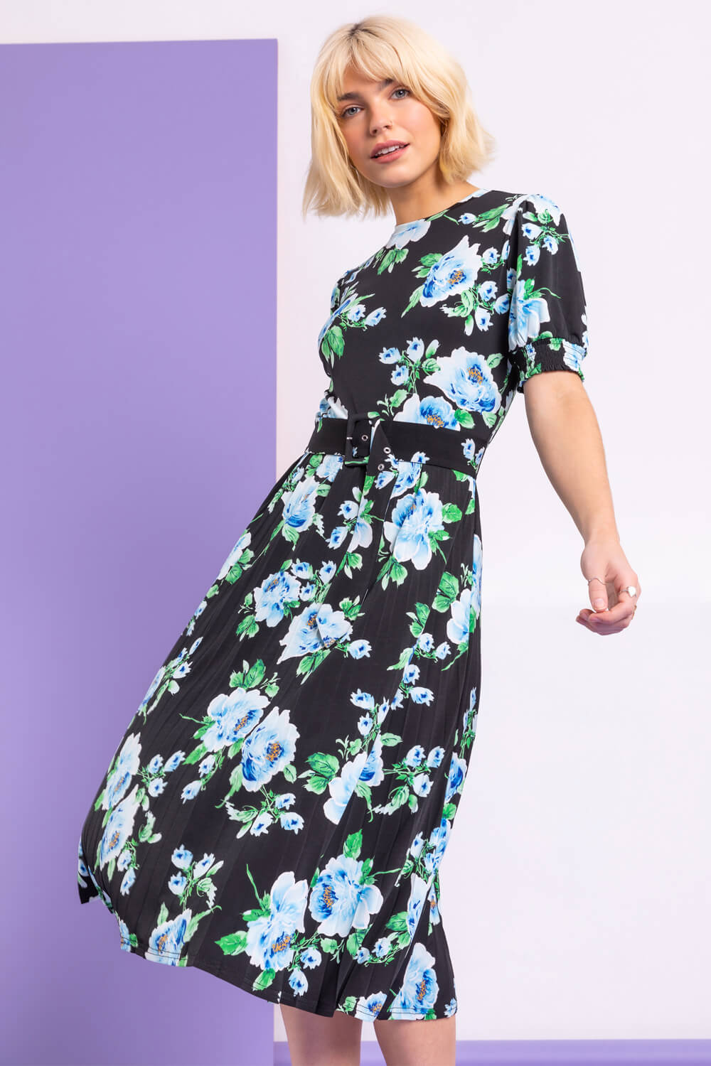 Black Floral Pleated Fit & Flare Dress, Image 5 of 5