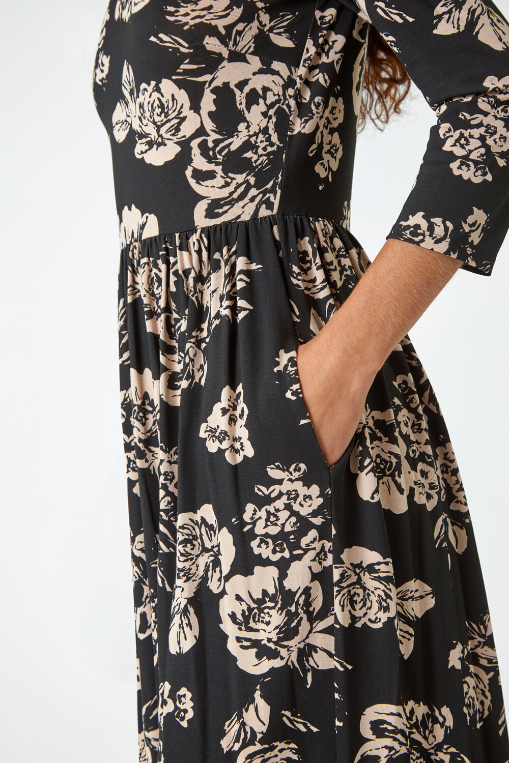 Black Floral Pocket Stretch Midi Dress, Image 5 of 5