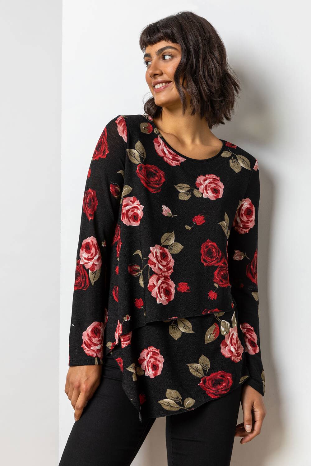 PINK Floral Rose Print Layered Asymmetric Top , Image 1 of 5