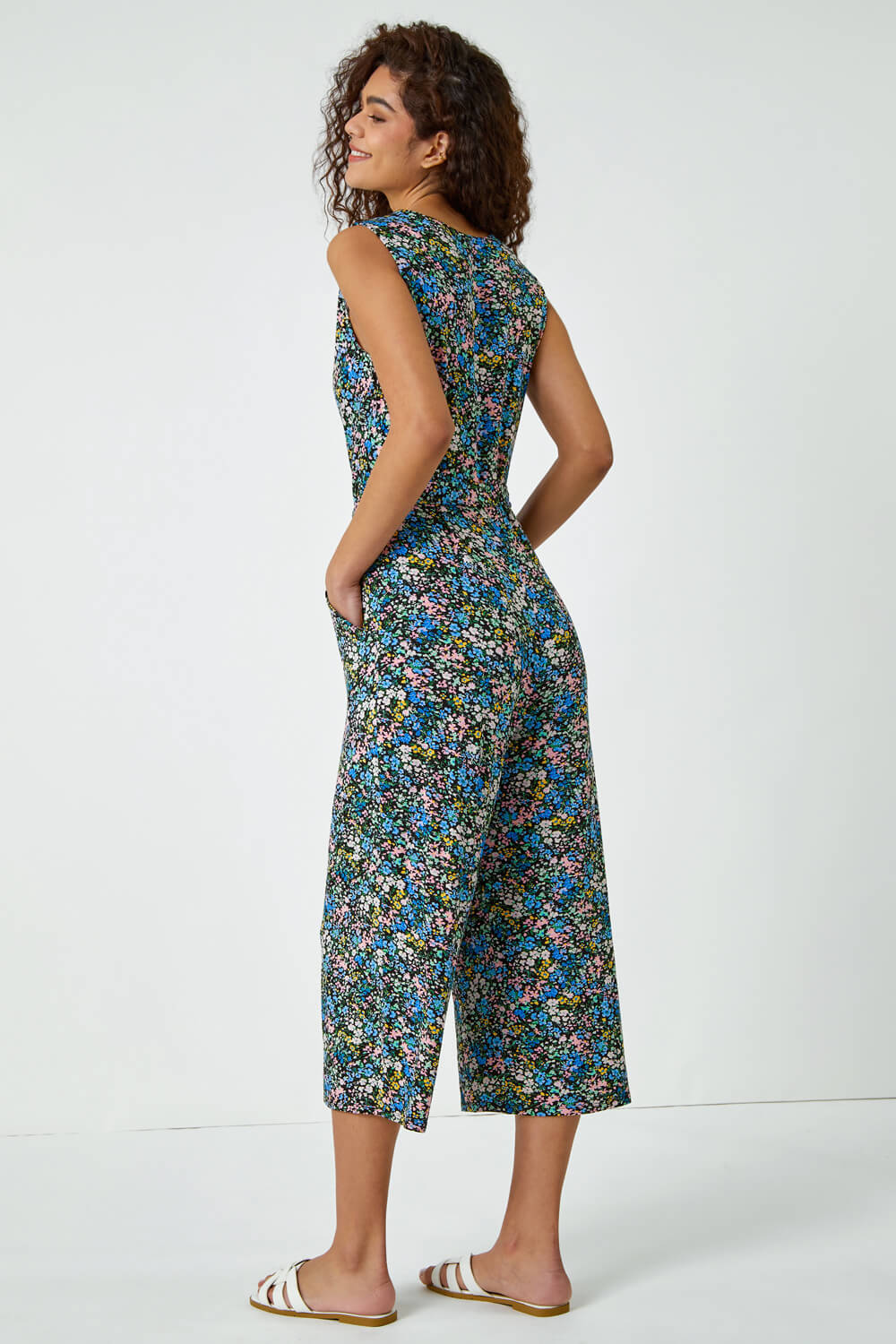 Blue Sleeveless Floral Print Stretch Jumpsuit , Image 3 of 5