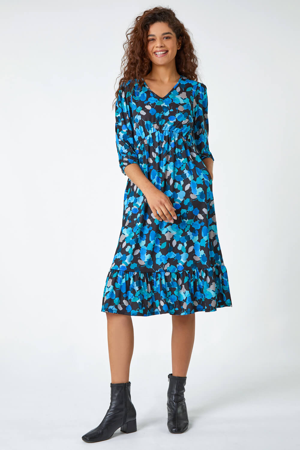 Blue Petal Print Frill Hem Midi Dress, Image 2 of 5