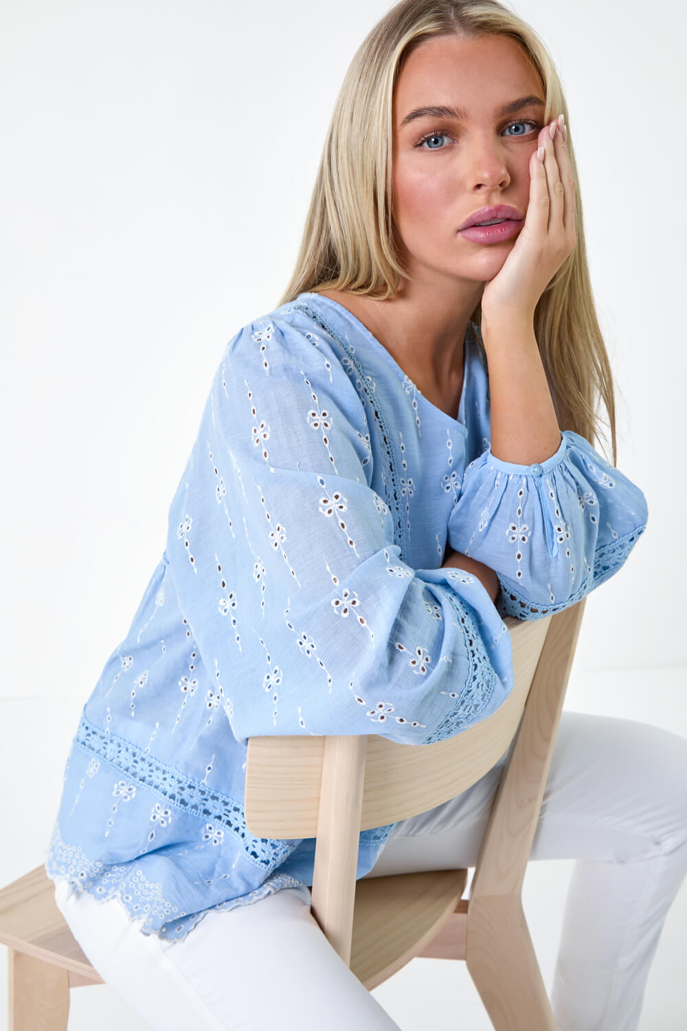 Light Blue  Petite Embroidered Cotton Smock Top, Image 2 of 5