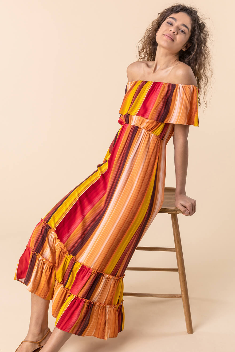 Multi  Striped Ruffle Bardot Maxi Dress, Image 5 of 5