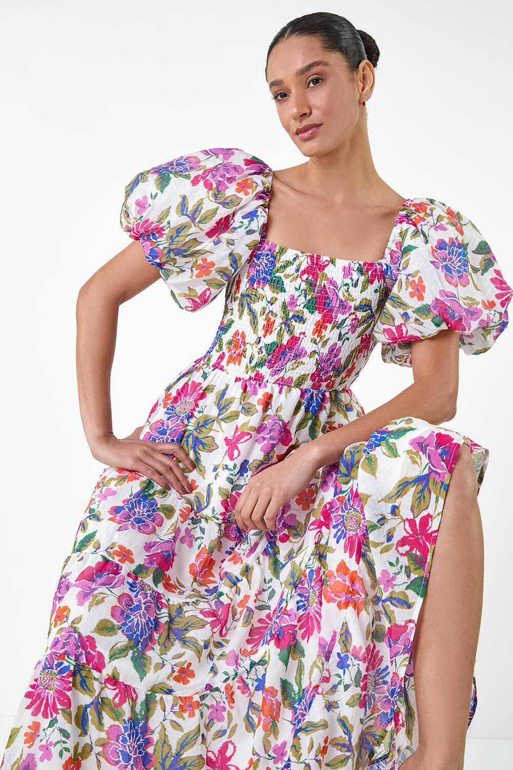 Floral Tiered Puff Sleeve Midi Dress