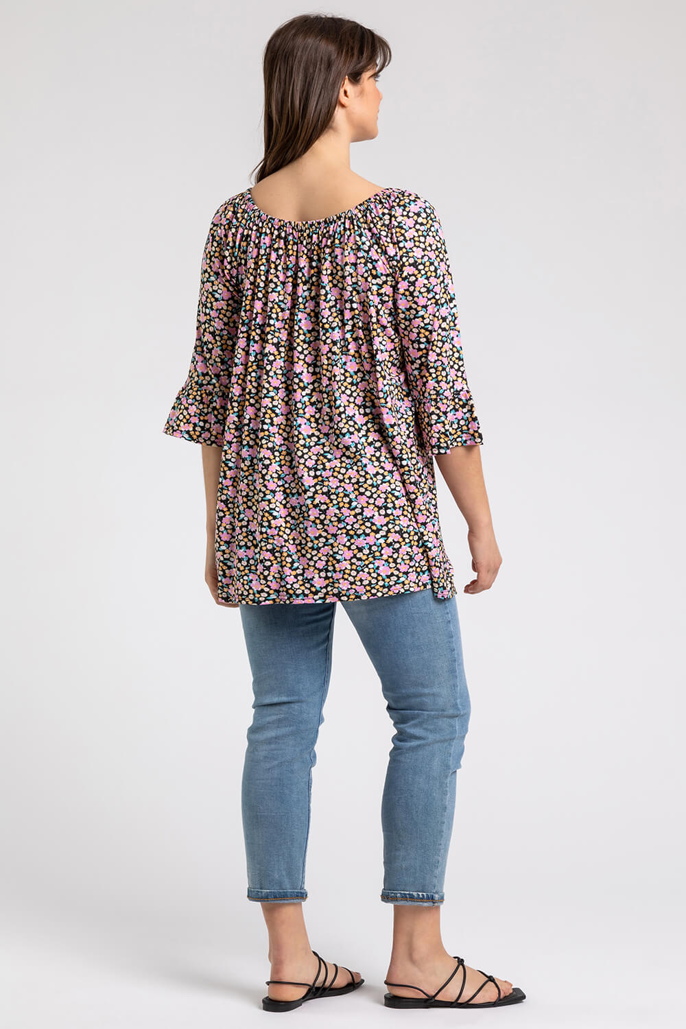 PINK Curve Ditsy Floral Frill Sleeve Top, Image 2 of 5