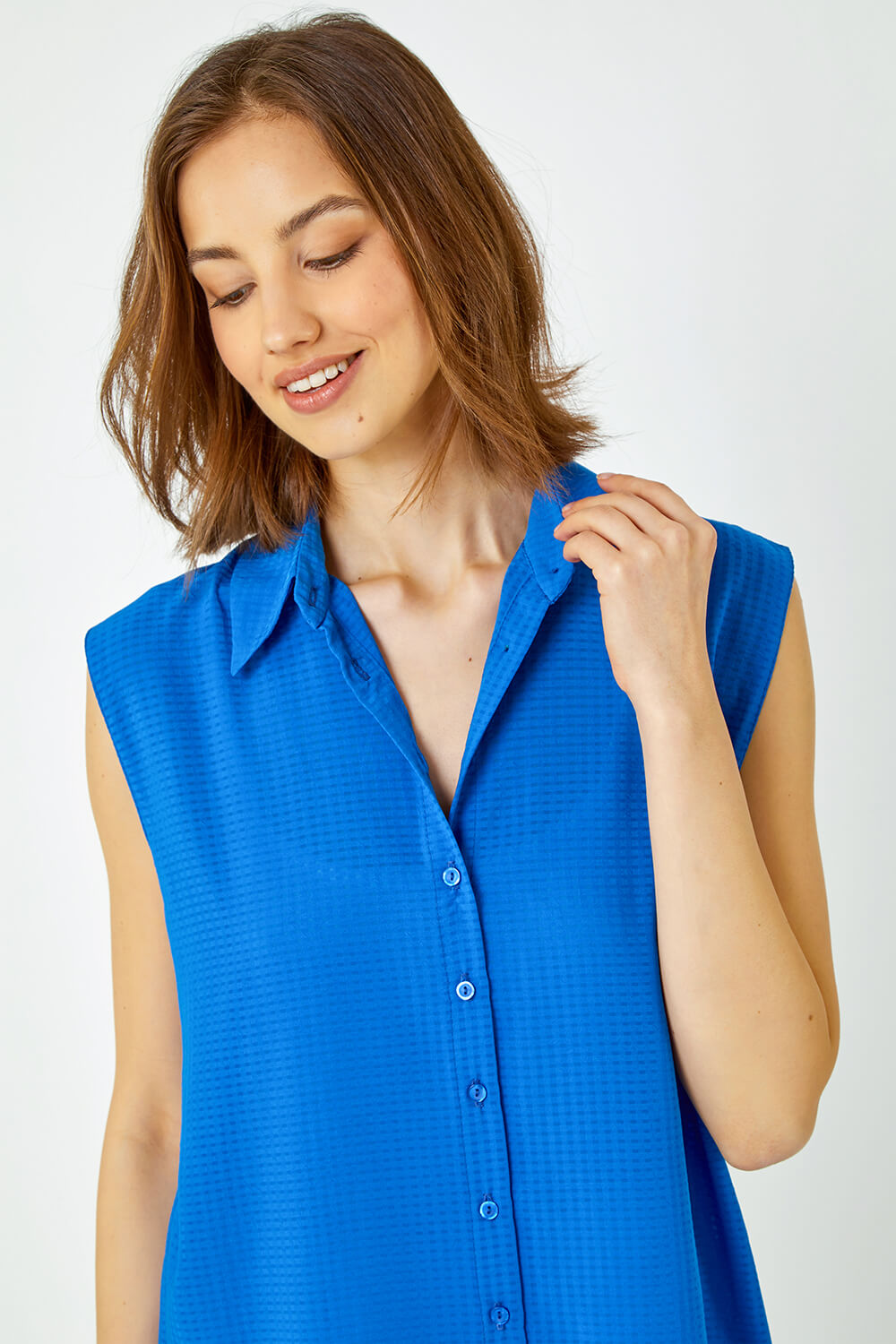 Royal Blue Textured Sleeveless Blouse | Roman UK