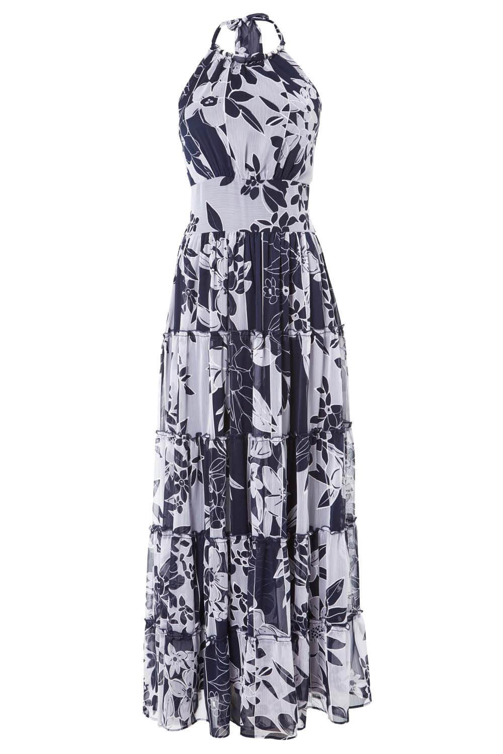 Navy  Patchwork Floral Print Halterneck Maxi Dress, Image 4 of 4
