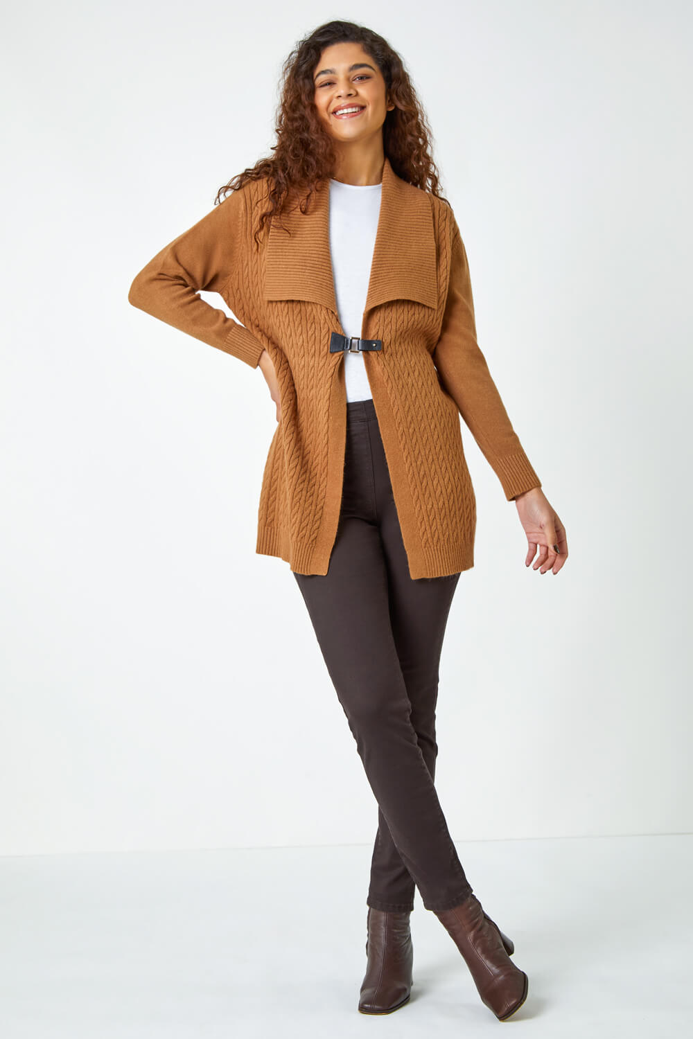 Mocha Collared Cable Knit Cardigan, Image 2 of 5
