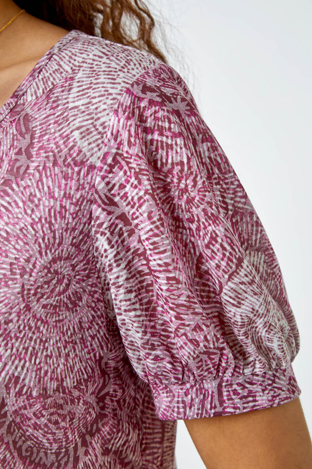 Maroon Abstract Circle Print Blouson Stretch Top, Image 5 of 5