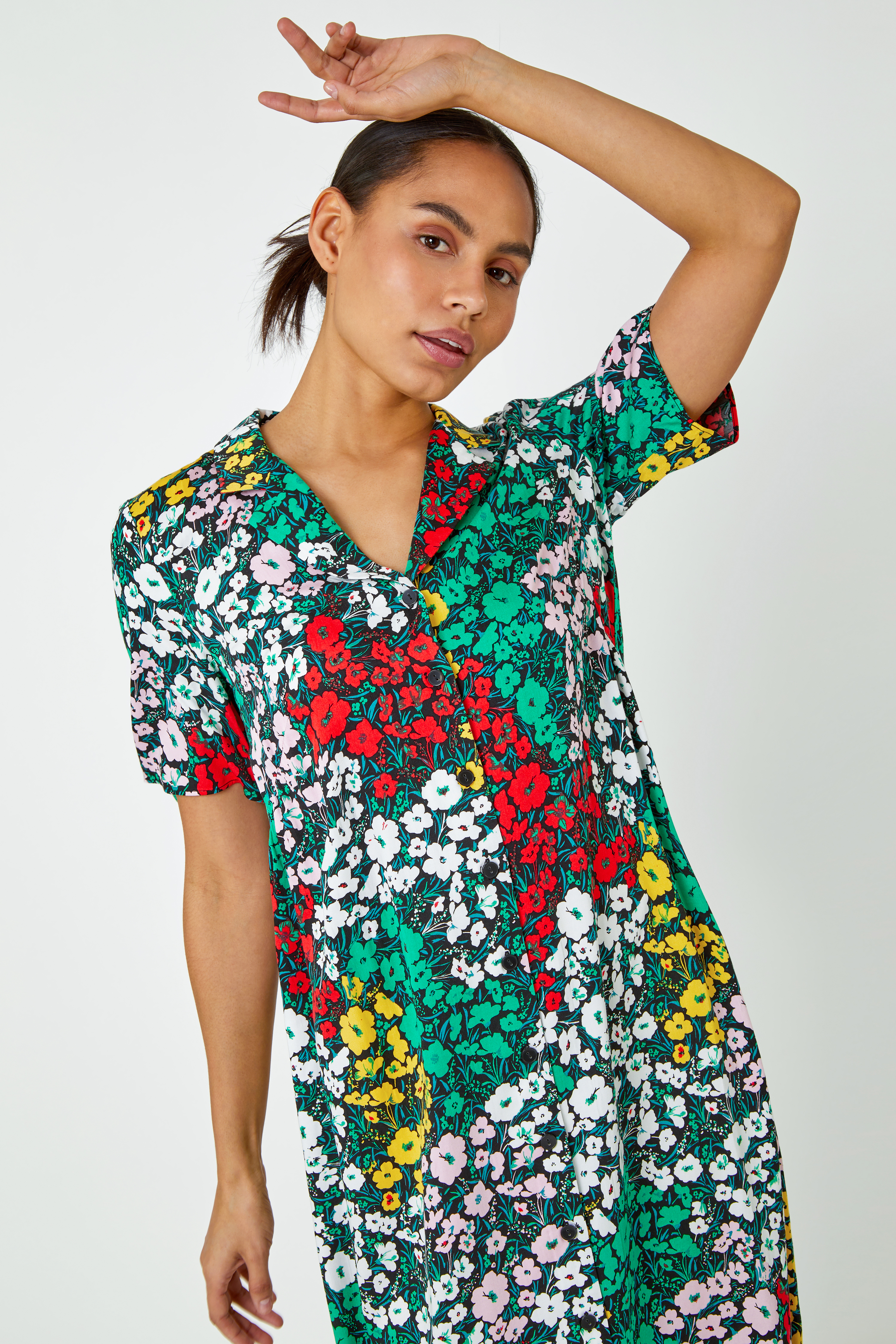 Multi  Ditsy Floral Midi Shirt Dress, Image 2 of 5