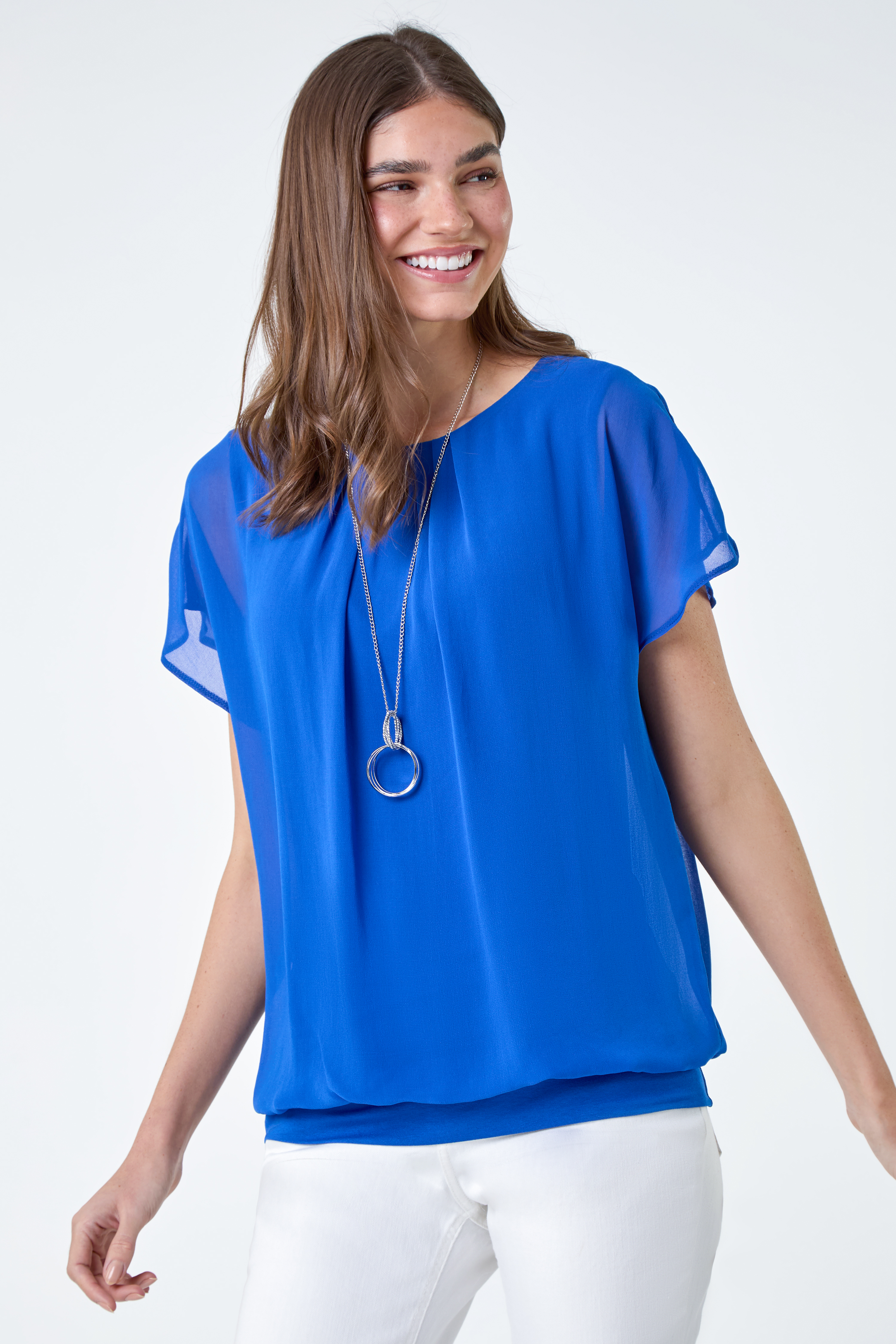 Royal Blue Chiffon Jersey Blouson Top with Necklace, Image 2 of 5