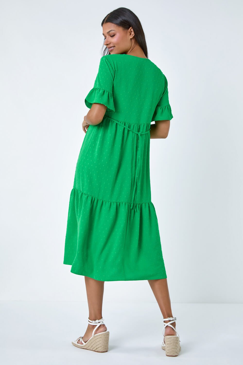 Green Textured Spot Frill Tiered Midi Dress, Image 3 of 5