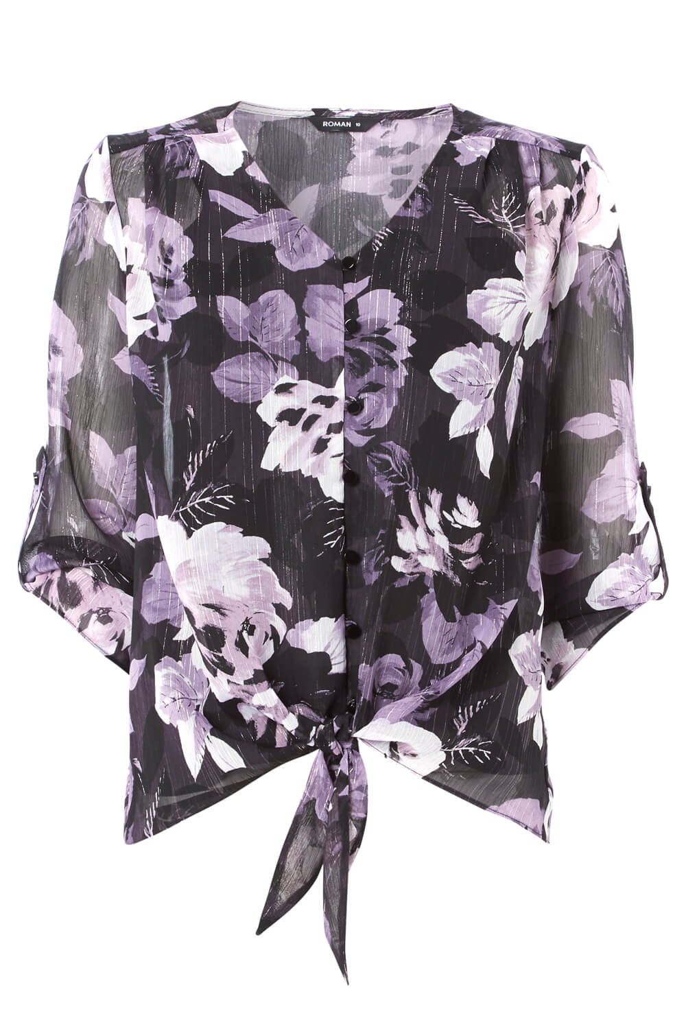Purple Floral Tie Front Button Blouse, Image 5 of 5