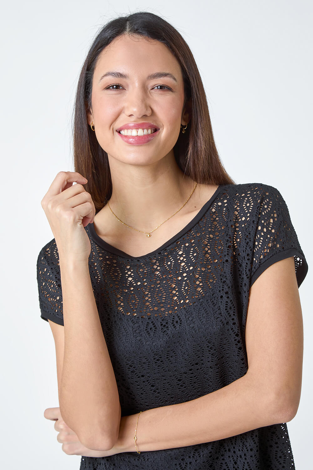 Black Crochet Overlay Stretch Top, Image 4 of 5
