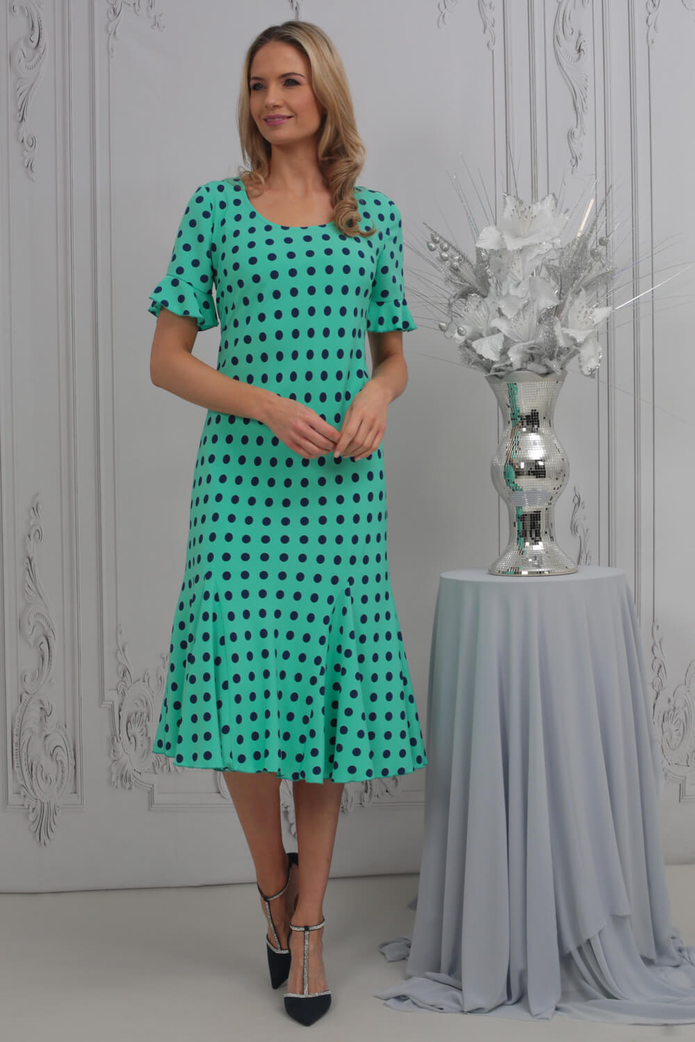 Turquoise Julianna Polka Dot Bias Cut Dress | Roman UK