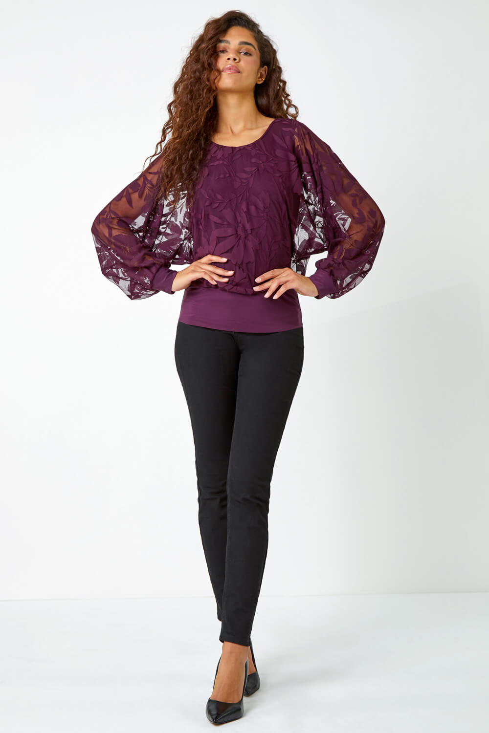 Plum Textured Floral Blouson Stretch Top, Image 2 of 5