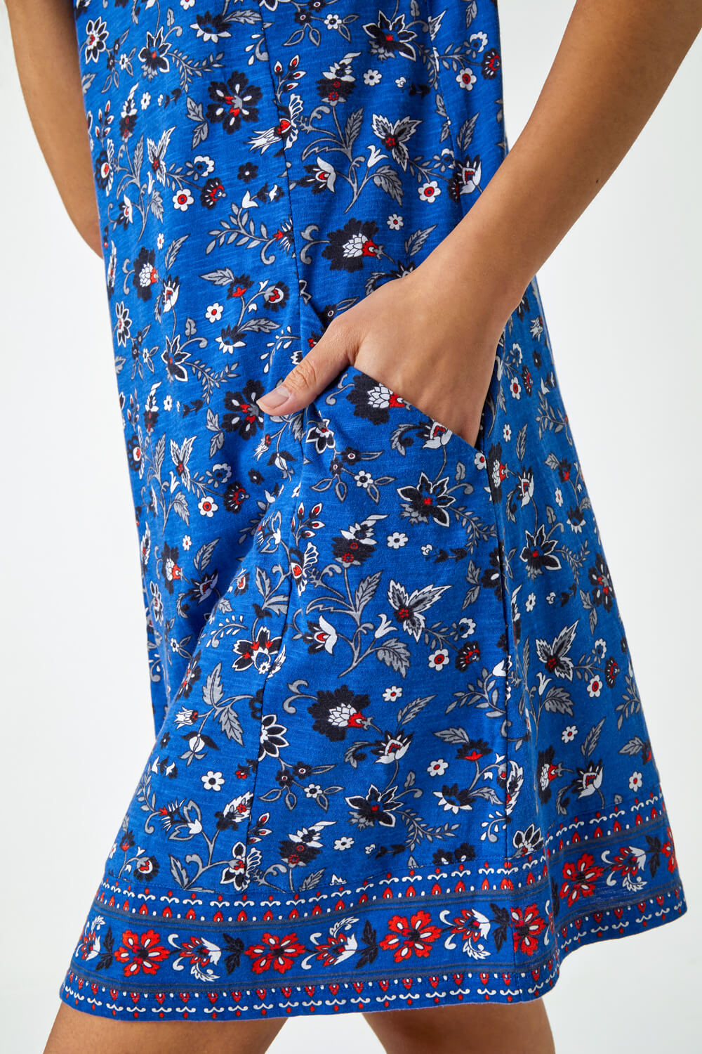 Blue Floral Border Print Swing Dress, Image 5 of 5