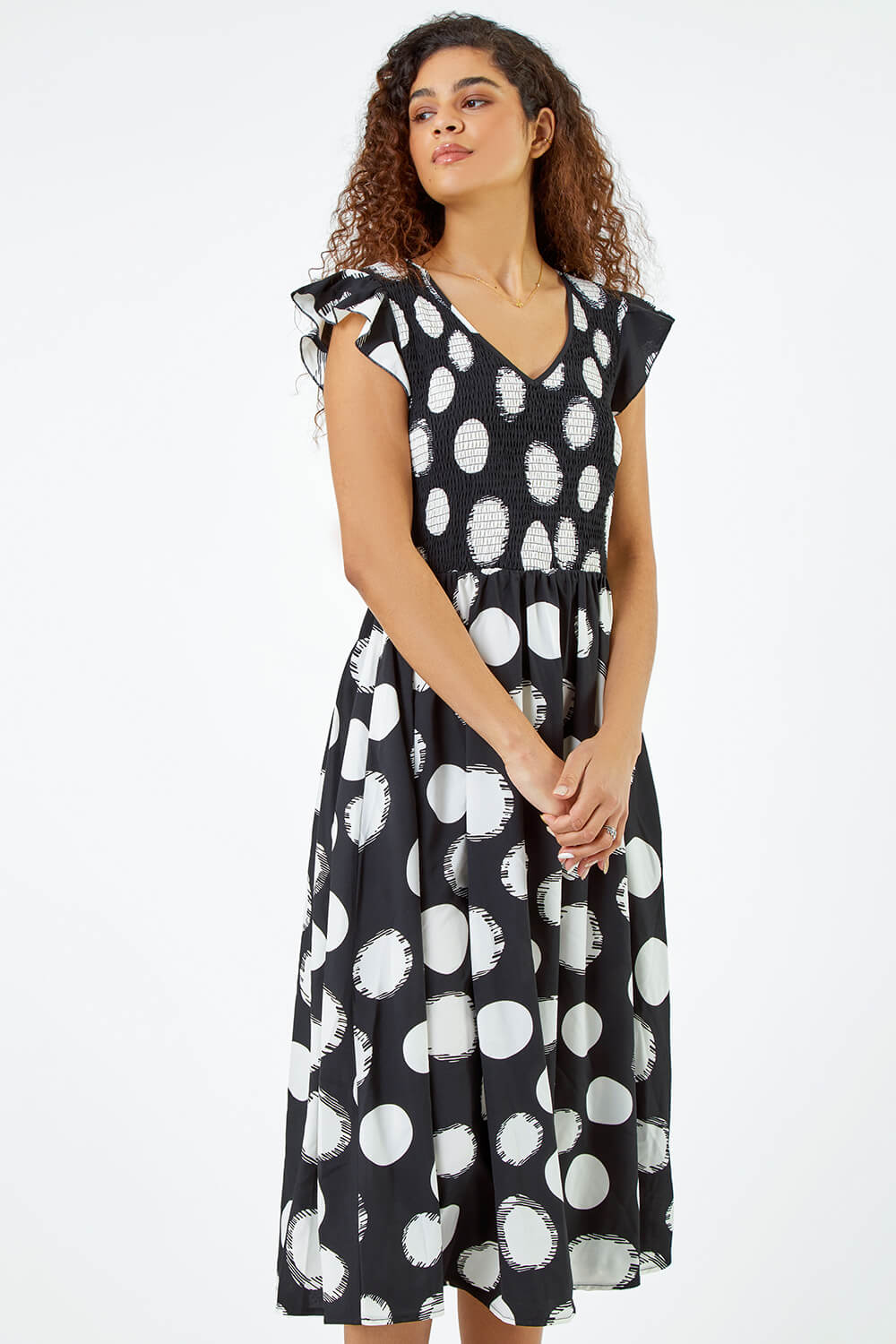 Black Polka Dot Shirred Stretch Midi Dress, Image 2 of 6