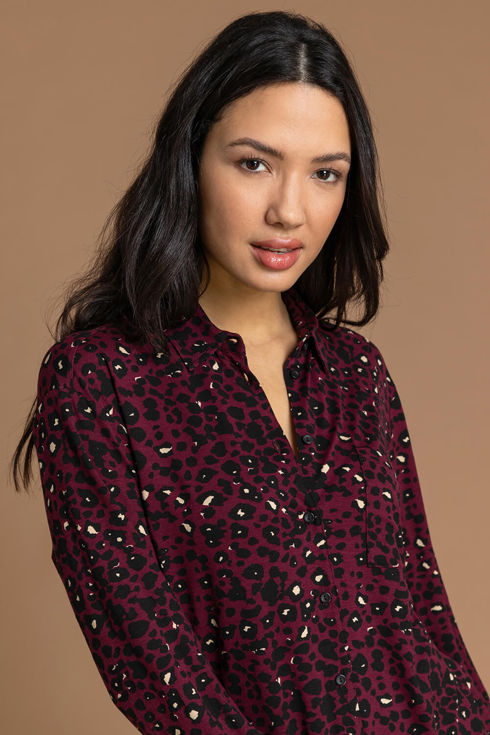 Wine Animal Print Jersey Buttoned Shirt, Image 4 of 5
