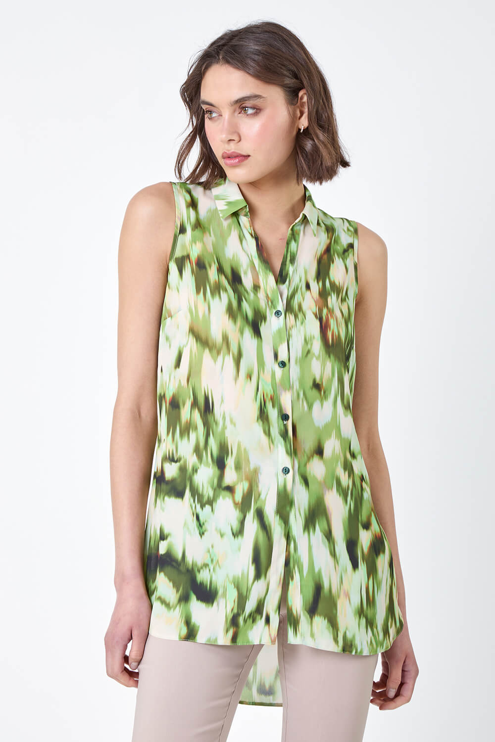 Green Abstract Print Sleeveless Button Blouse, Image 4 of 5