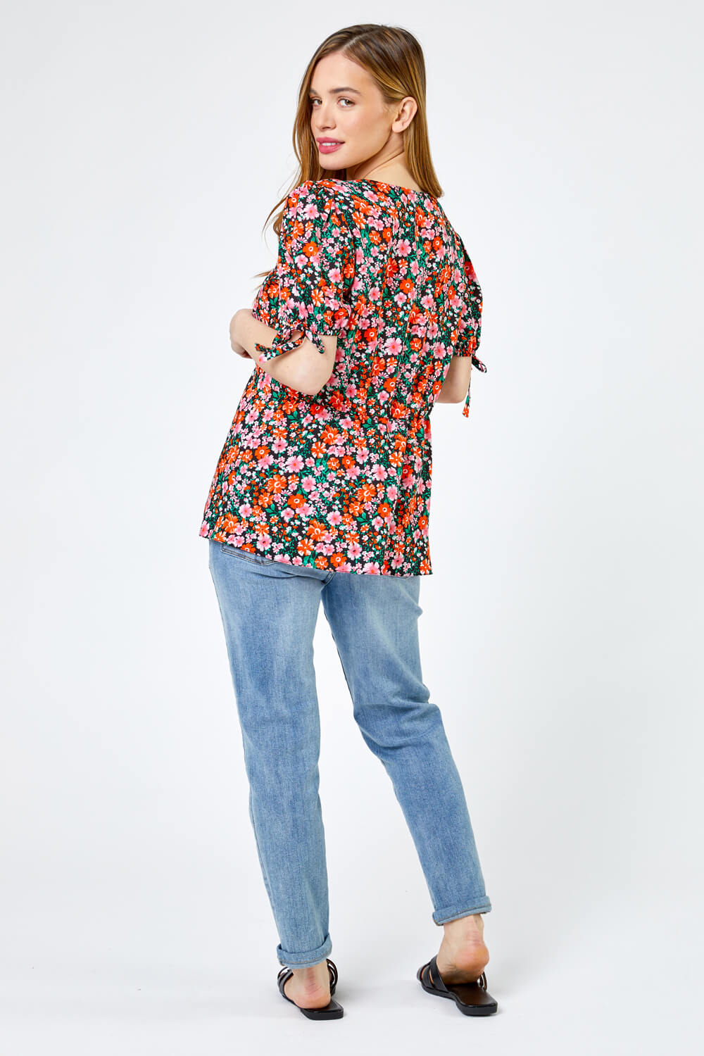 Red Petite Floral Print V Neck Top, Image 2 of 4