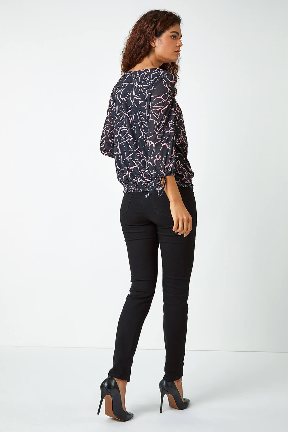 Light Pink Floral Print Blouson Stretch Top, Image 3 of 5