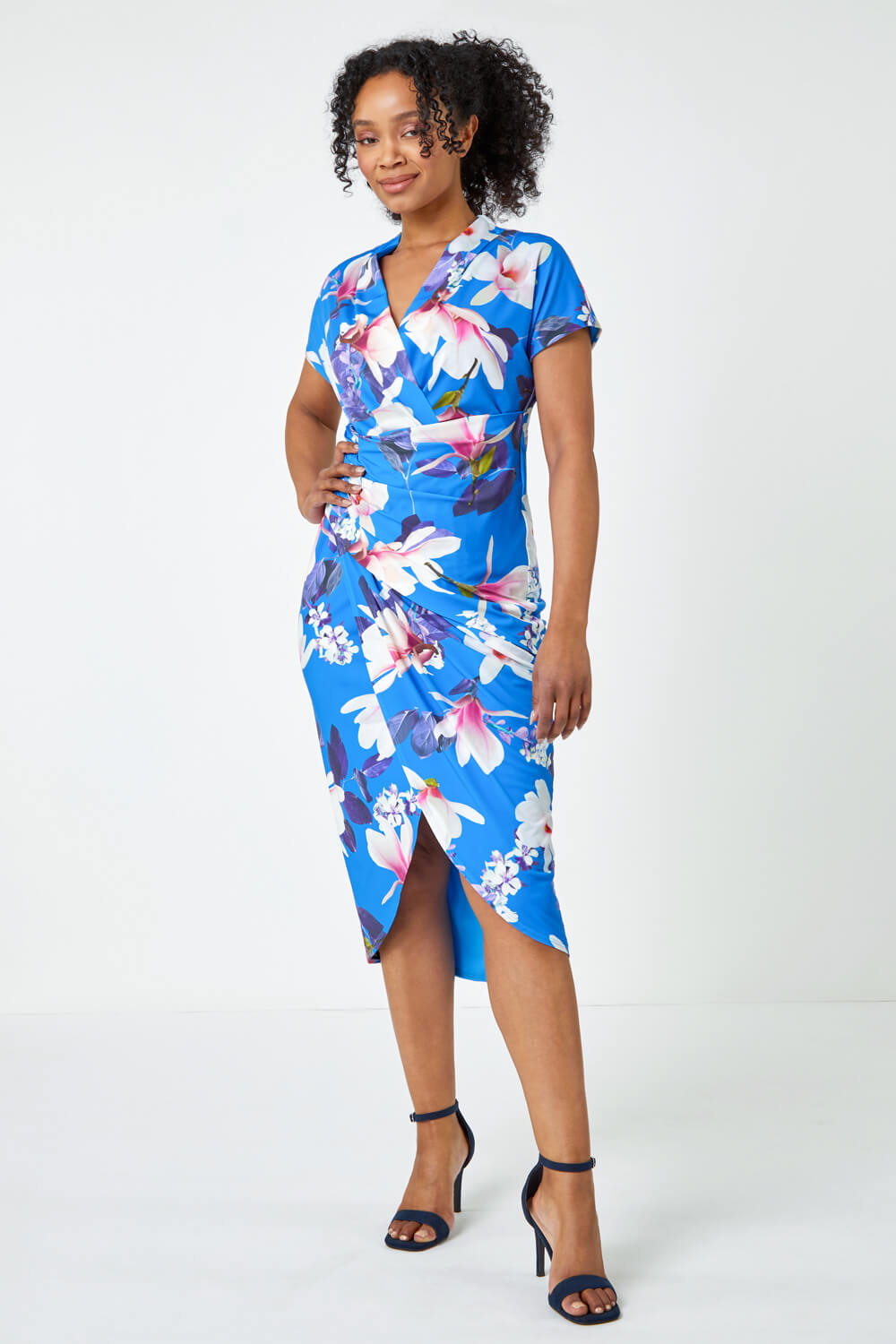 Blue Petite Ruched Floral Wrap Dress, Image 4 of 5