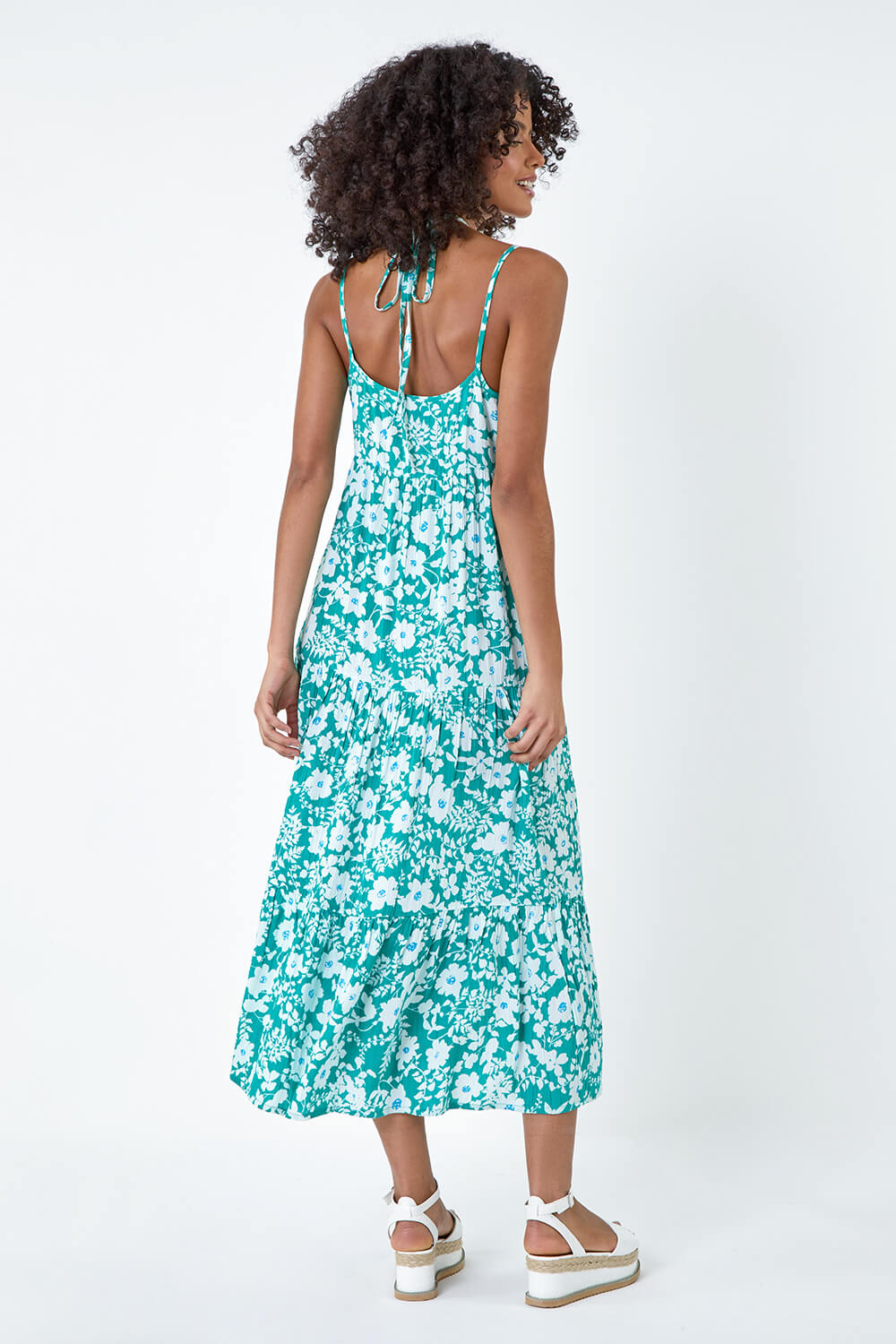 Turquoise Floral Strappy Cross Over Midi Dress, Image 3 of 5