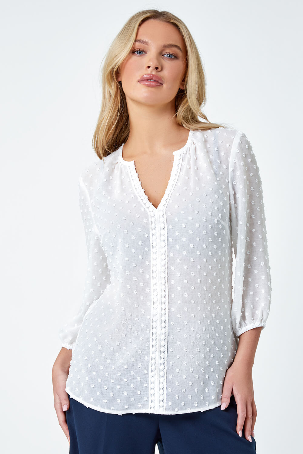 Ivory  Petite Textured Spot Print Top, Image 4 of 5
