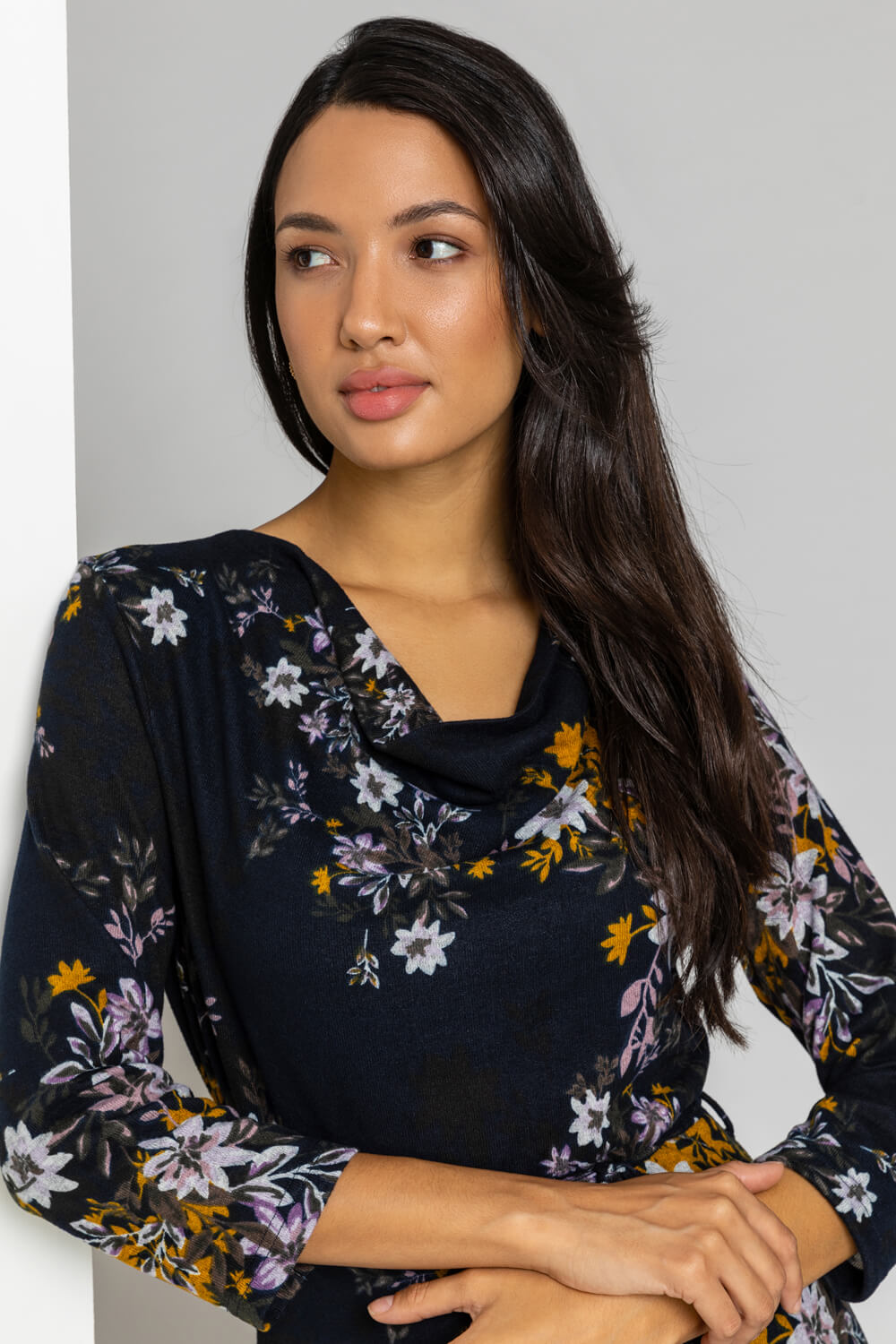 Floral Knitted Cowl Neck Dress in Navy - Roman Originals UK
