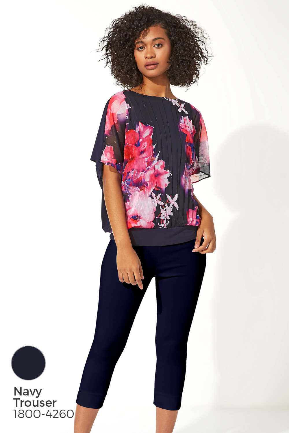 Navy  Floral Print Pleated Blouson Top, Image 5 of 8