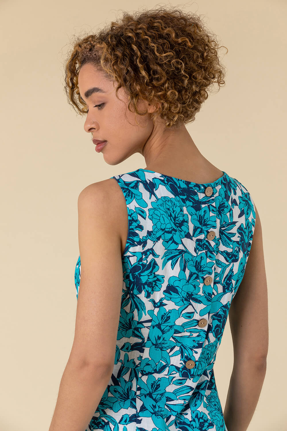 Turquoise Back Button Floral Print Dress, Image 5 of 5