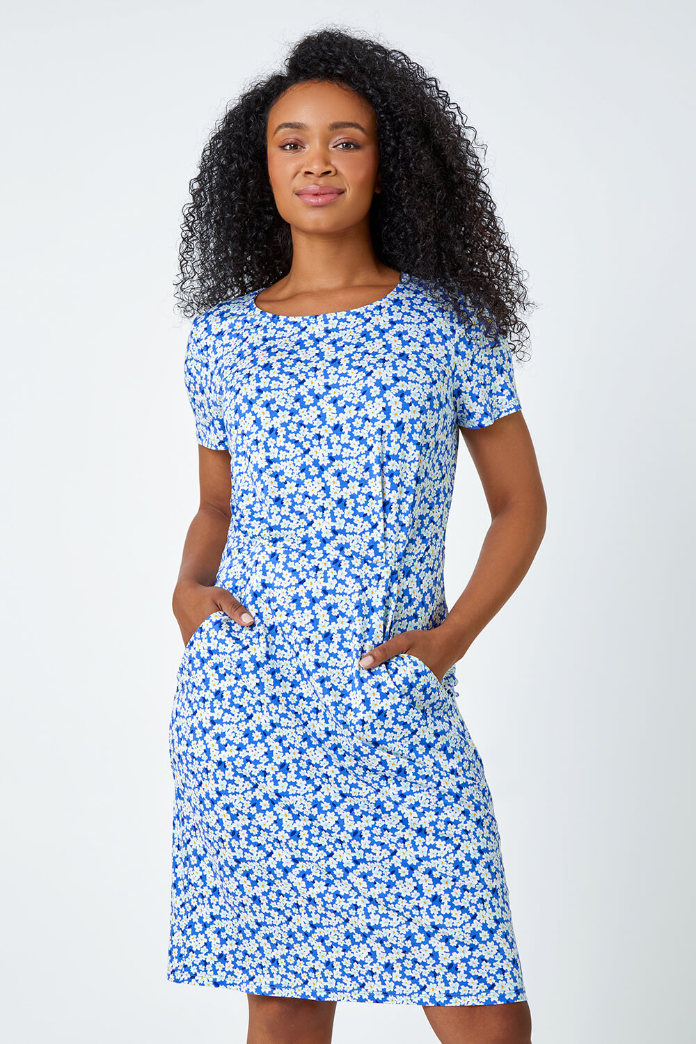 Blue Ditsy Floral Pocket Stretch Dress, Image 2 of 5