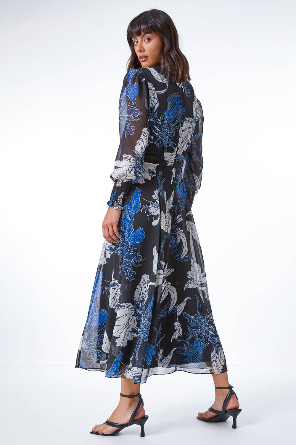 Blue Floral Print Chiffon Wrap Midi Dress , Image 4 of 5