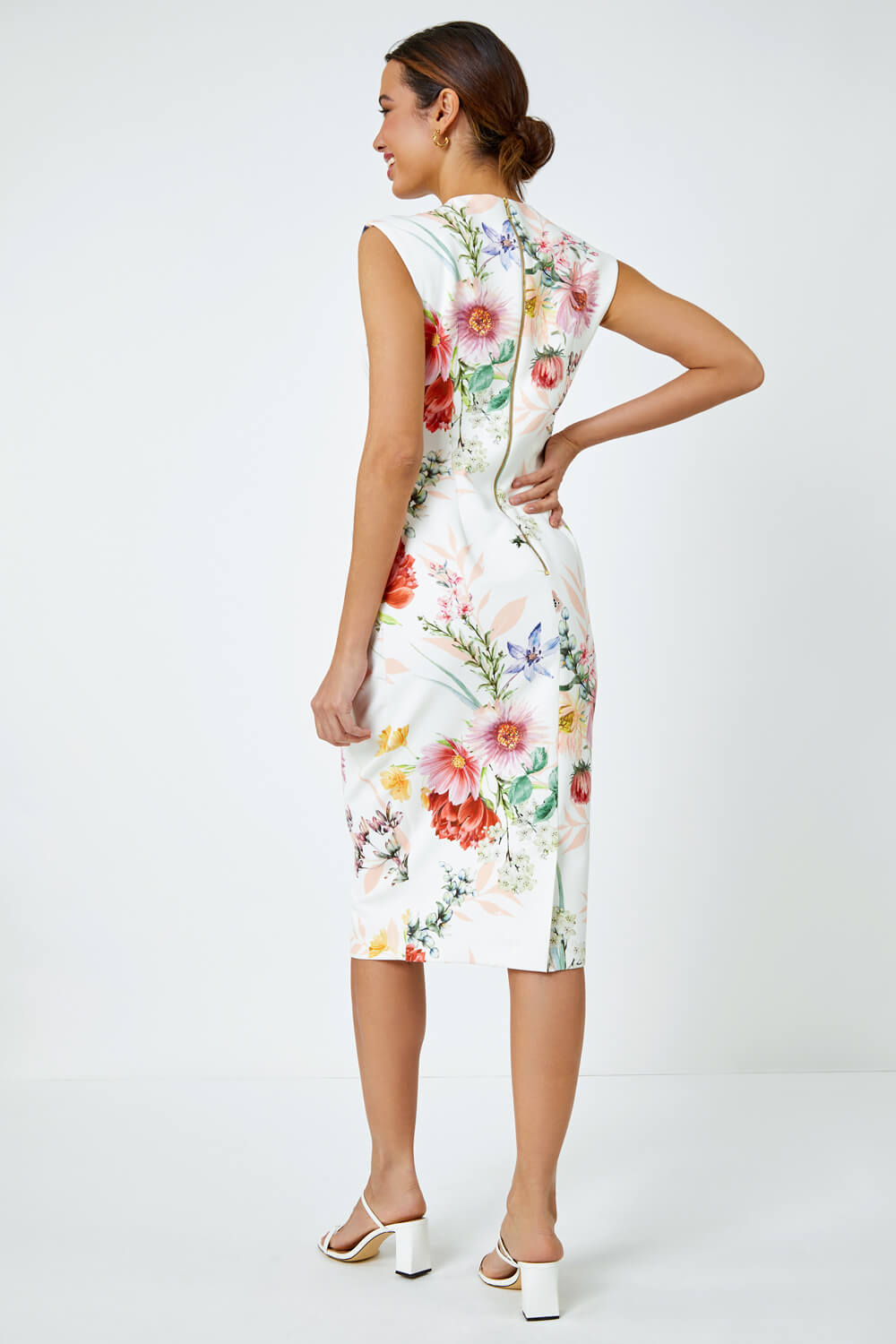 Ivory  Floral Print Ruched Midi Dress, Image 3 of 5