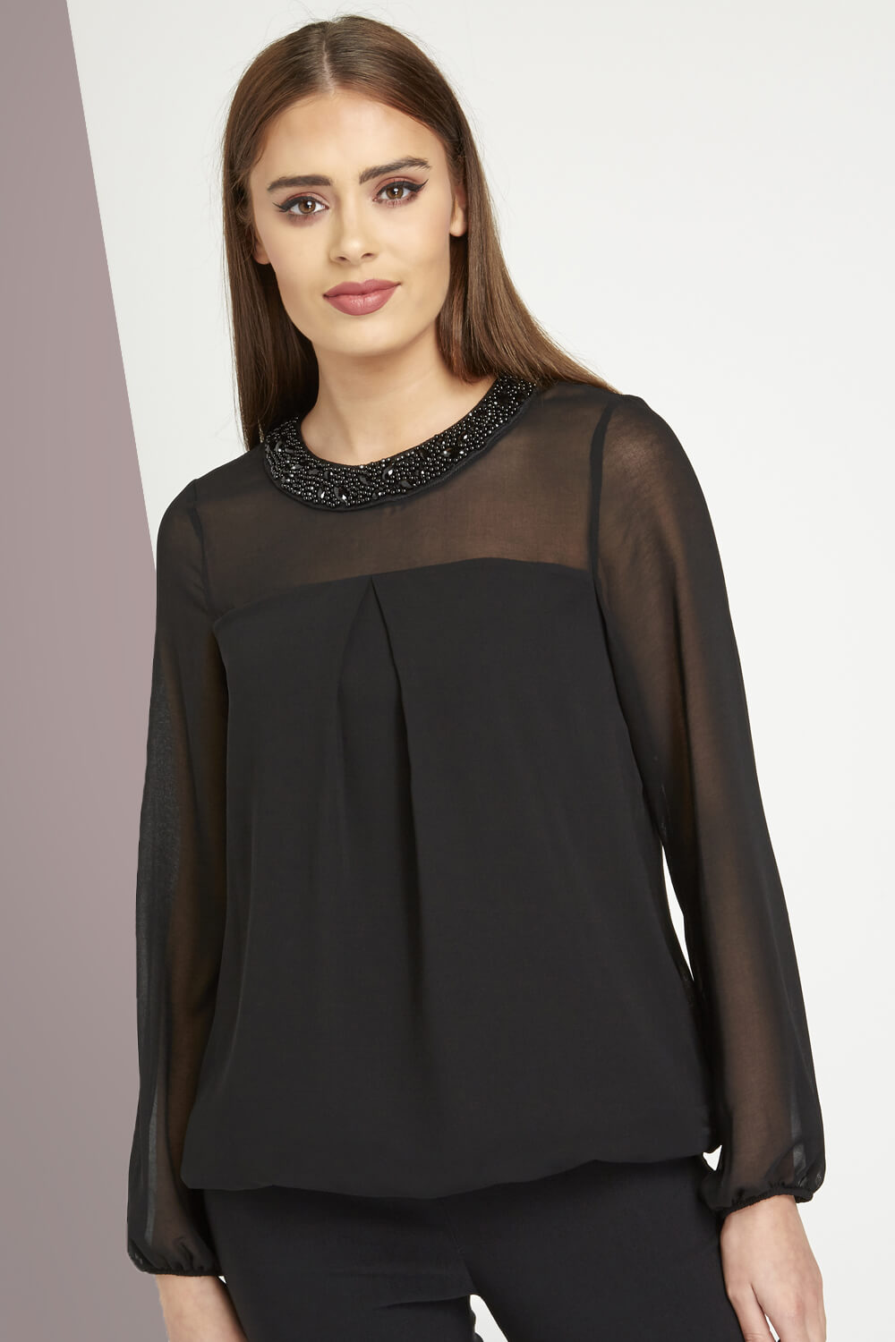 Embellished Neck Chiffon Sleeve Top in Black - Roman Originals UK